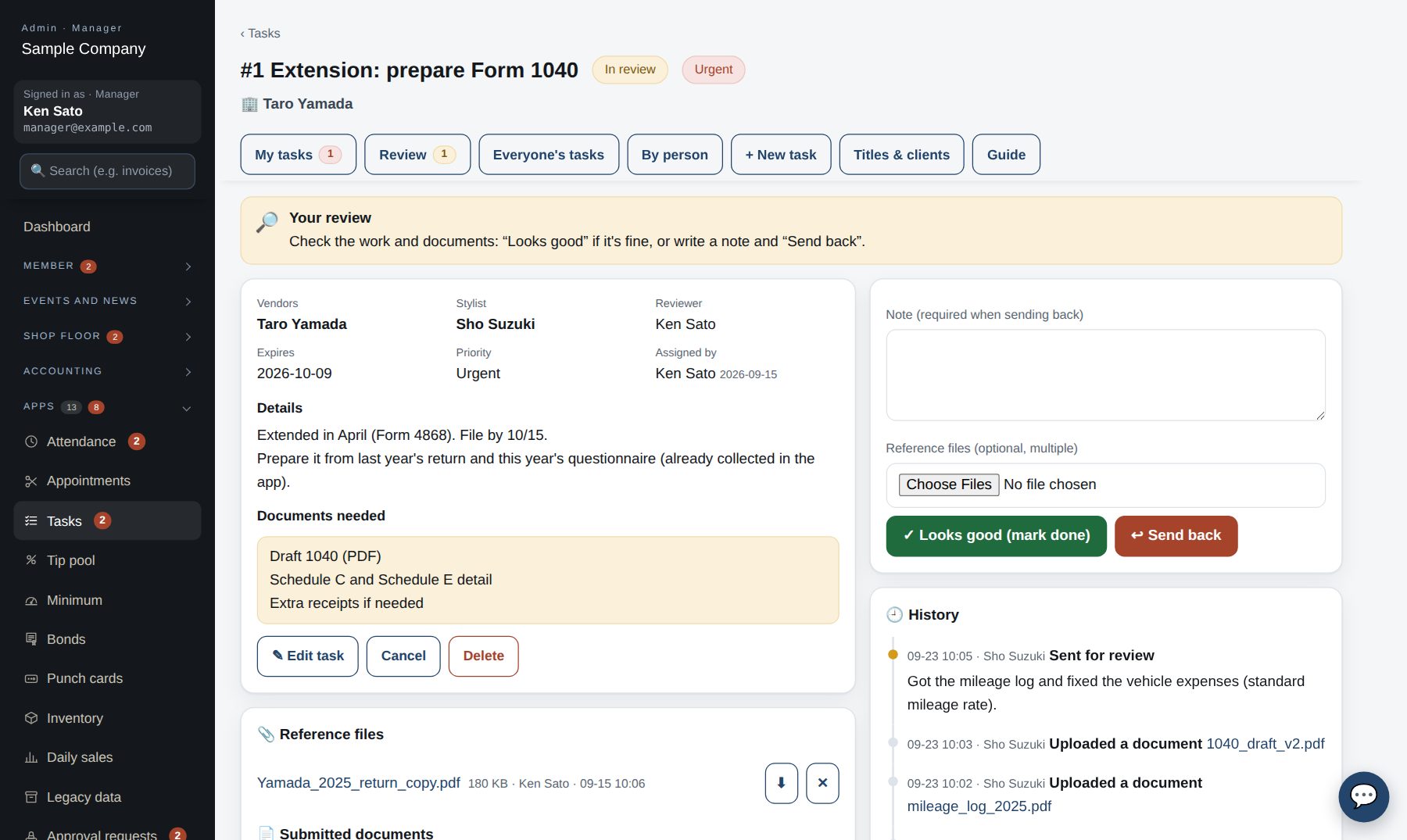 Review screen: notes and documents stay in the history